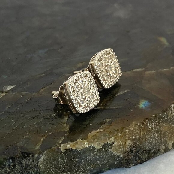 Sterling Silver 925 0.35" Square Diamond Floral Textured Cluster Stud Earrings - Picture 13 of 16